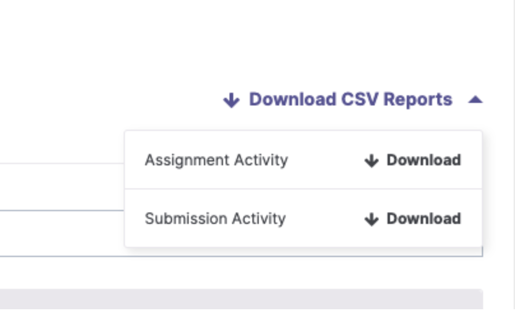 The Download CSV Reports menu expanded and showing two options: Assignment Activity with a Download link, and Submission Activity with a Download link.