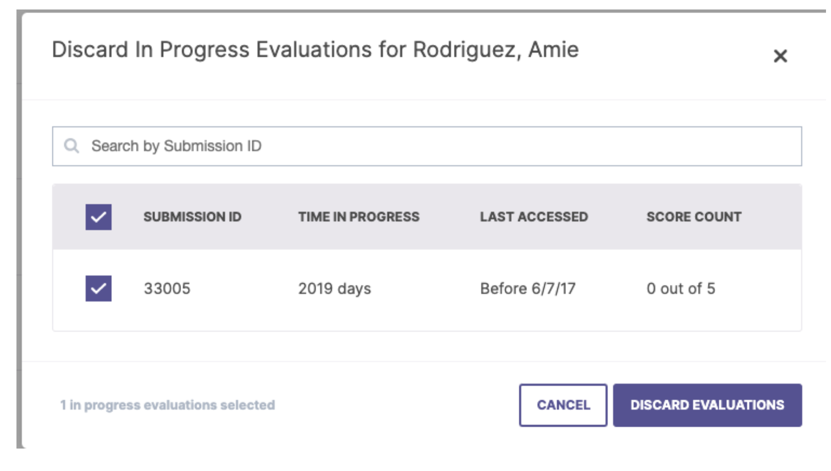A dialog titled ‘Discard In Progress Evaluations for Rodriguez, Amie.' A search field for Submission ID at the top. One submission row with columns for Submission ID, Time in Progress, Last Accessed, and Score Count. At the bottom, the dialog showing the count of selected evaluations and two buttons: Cancel and Discard Evaluations.