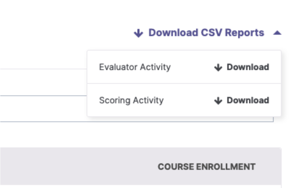 The Download CSV Reports menu expanded and showing two options: Evaluator Activity with a Download link, and Scoring Activity with a Download link.