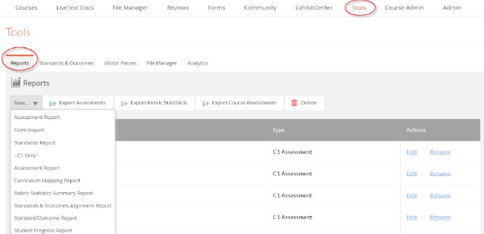 The Tools page showing the Reports tab selected. The Reports section displaying a New dropdown with report options, along with Export Assessments, Export Rubric Standards, Export Course Assessments, and Delete buttons. A table below showing report rows with Edit and Rename links in the Actions column.