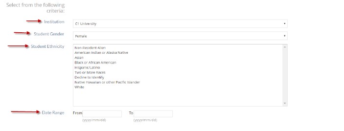 The Criteria section showing dropdowns for Institution and Student Gender, with Institution set to C1 University and Student Gender set to Female. The Student Ethnicity field displaying a multi‑select list of ethnicity options. The Date Range field showing From and To inputs.