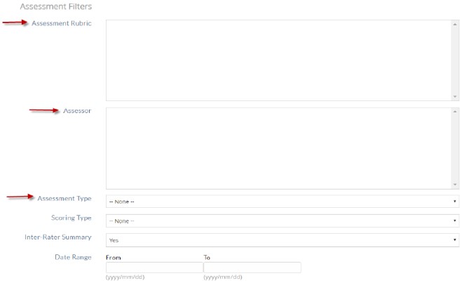 The Assessment Filters section showing fields for Assessment Rubric, Assessor, Assessment Type, and Scoring Type. Additional options displaying Inter‑Rater Summary set to Yes and a Date Range with From and To fields.