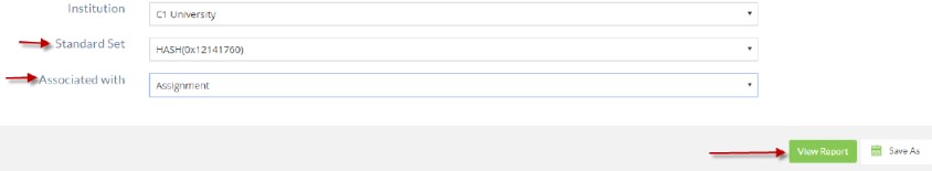The section showing fields for Standard Set and Associated with, followed by action buttons on the right. The View Report button highlighted next to Save As.