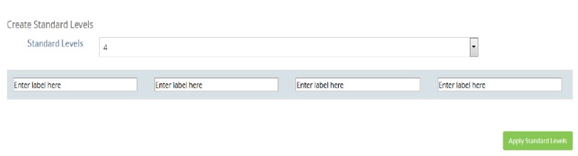 The Create Standard Levels section showing a Standard Levels dropdown set to 4, with four empty label fields displayed in a row. The section showing the Apply Standard Levels button on the right.