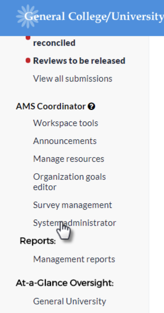 The Menu panel showing sections for AMS Coordinator with links for Workspace Tools, Announcements, Manage Resources, Organization Goals Editor, Survey Management, and System Administrator. Reports section showing link for Management Reports. At‑a‑Glance Oversight section showing link for General University.