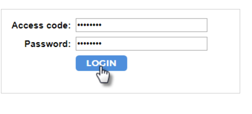 The Login panel showing fields for Access Code and Password with masked entries. Login button displayed with cursor pointing to it.