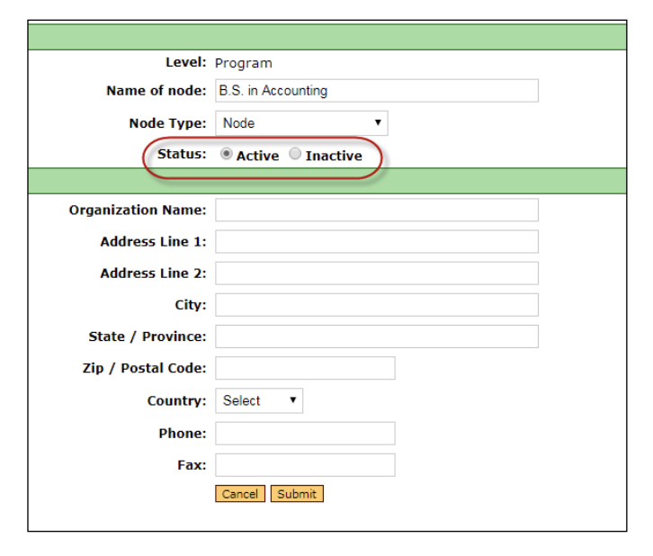 The Edit Node window showing Level set to Program, Name of Node field filled with B.S. in Accounting, Node Type dropdown, and Status options for Active and Inactive highlighted. Organization information section showing fields for Organization Name, Address Line 1, Address Line 2, City, State/Province, Zip/Postal Code, Country dropdown, Phone, and Fax. Buttons showing Cancel and Submit.