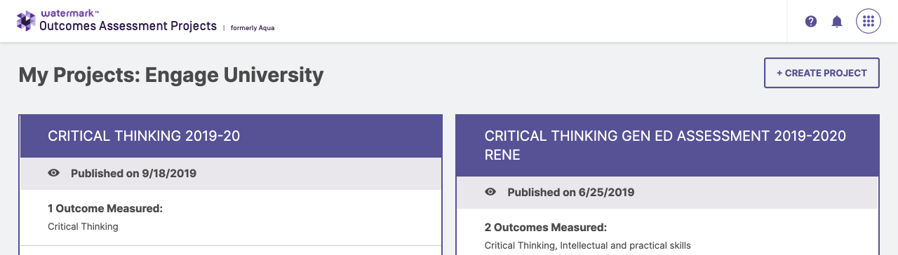 The 'My Projects: Engage University' page under Watermark Outcomes Assessment Projects showing 'Critical Thinking 2019–20' and 'Critical Thinking Gen Ed Assessment 2019–20 Rene' projects, with their published dates and number of outcome measures. A '+ Create Project' option appears at the top.