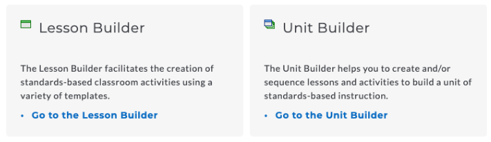 The Page showing tiles for Lesson Builder and Unit Builder, each with a description and links to go to the respective builder.