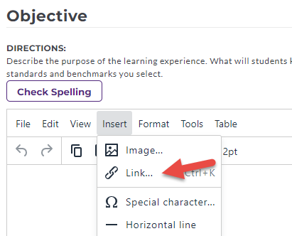 The Objective page showing the text editor open with the Insert menu expanded, and an arrow pointing at the Link option.