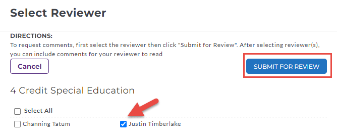The Select Reviewer page showing reviewer options with a checkbox list, with an arrow pointing at the reviewer selection and a Submit for Review button shown on the right.