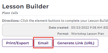 The Lesson Builder page showing action buttons under the lesson details, with the Email button highlighted.