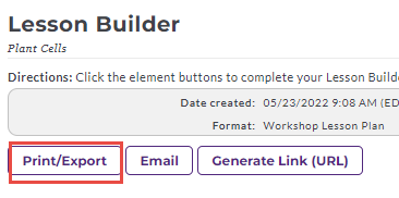 The Lesson Builder page showing action buttons under the lesson details, with the Print/Export button highlighted.