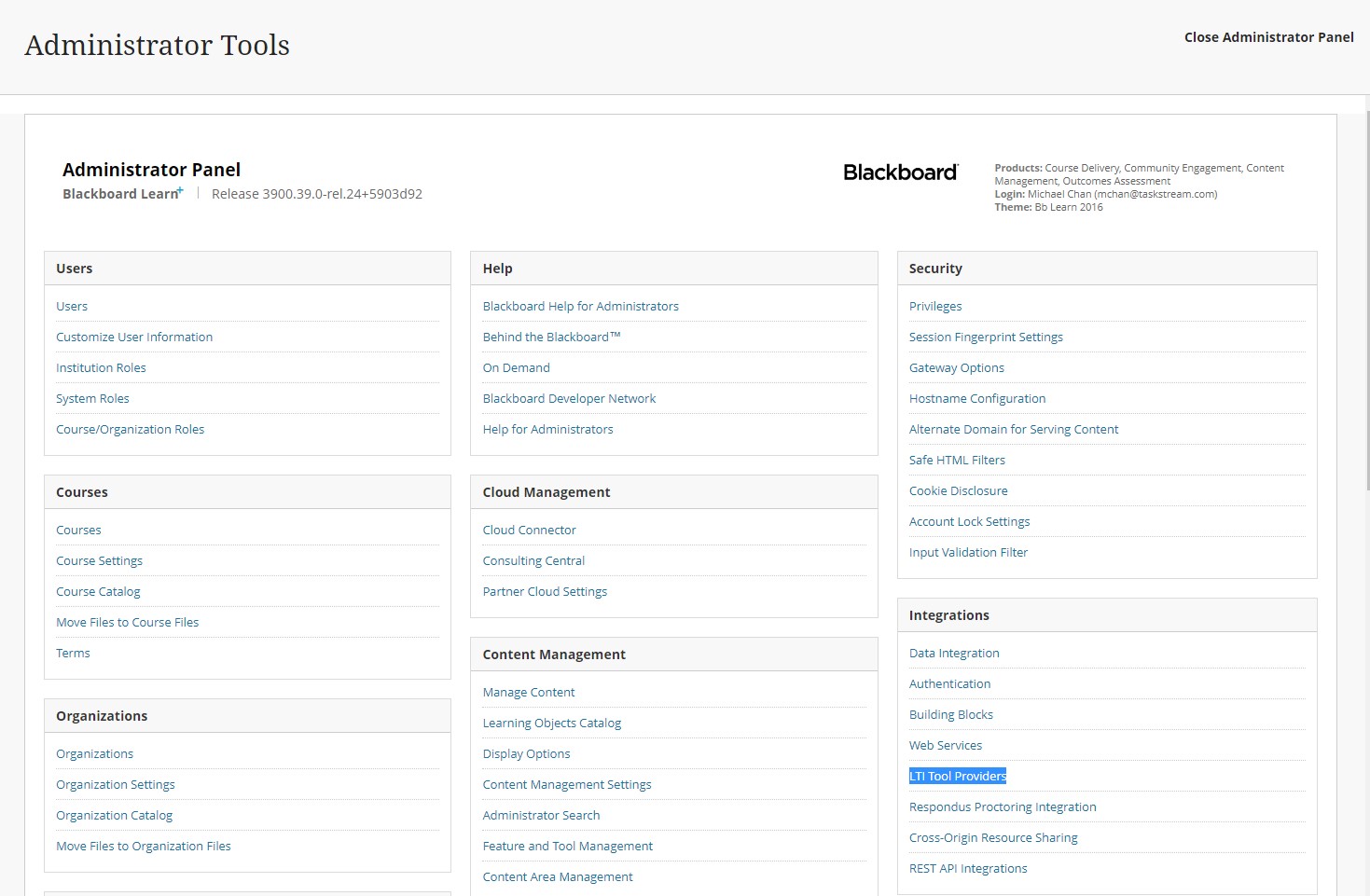 Screenshot of Blackboard Administrator Tools, showing the 'LTI Tool Providers' link.