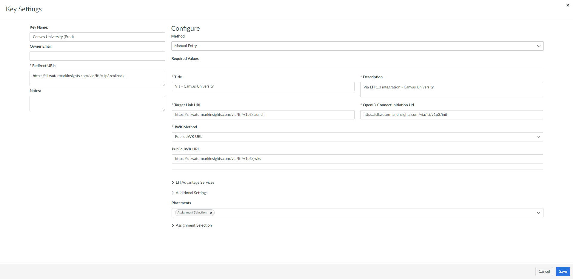 The Canvas Developer Key setup, showing various LTI configuration fields including JWK Method and Public JWK URL.