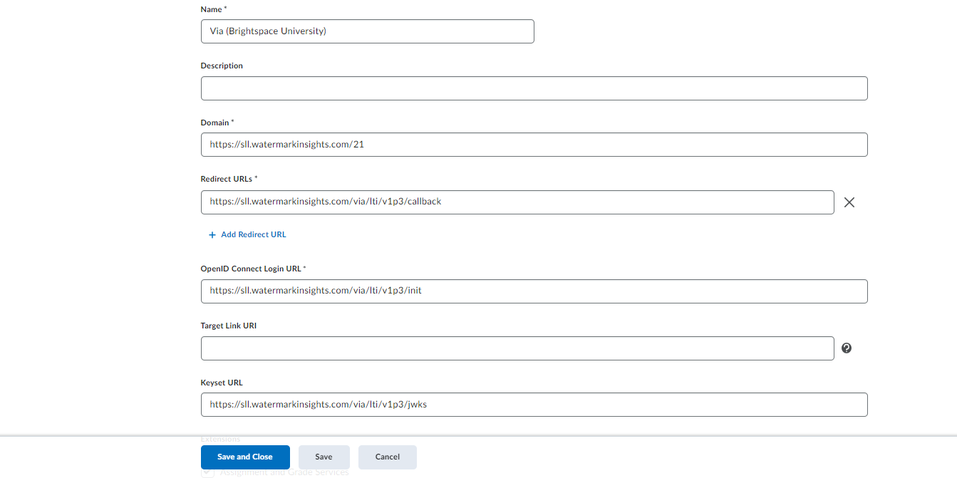 Screenshot of D2L Register Tool page showing fields for Name, Description, Domain, OpenID Connect Login URL, Redirect URLs, and Keyset URL.