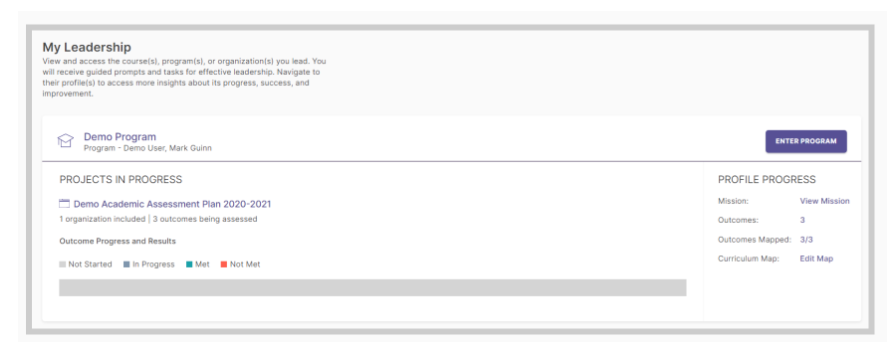 The My Leadership page showing a program card for Demo Program with project details below, including an academic assessment plan, outcome progress indicators, and right‑side profile progress details with the Enter Program button on the card.
