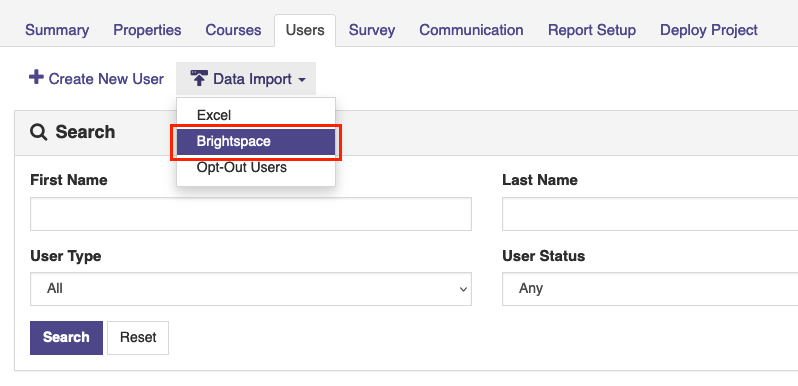 A Data Import menu showing options for importing user data, including Excel, Brightspace, and Opt‑Out Users, along with a user search section containing fields for first name, last name, user type, and user status, and buttons to search or reset with he Brightspace option highlighted.