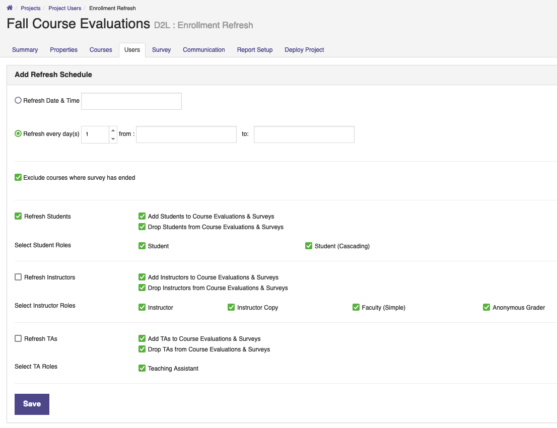 A Fall Course Evaluations enrollment refresh screen showing options to add a refresh schedule by date and time or by repeating intervals, with fields to set a daily refresh range. The page includes settings to exclude courses where surveys have ended and options to refresh students, instructors, and TAs, each with selectable roles and choices to add or drop them from course evaluations and surveys. A Save button is provided to apply the selected settings.