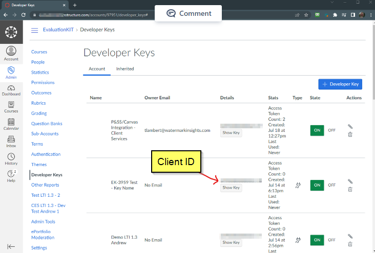 The Developer Keys page showing a list of keys with columns for Name, Owner Email, Details, Stats, Type, State, and Actions. A highlighted label points to the Client ID area next to one key entry, with a Show Key button displayed in the same row.