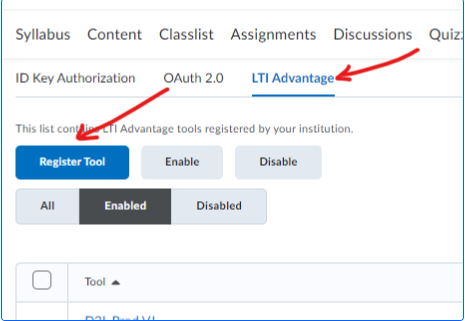 The LTI Advantage page showing the LTI Advantage tab selected, with one arrow pointing to the active LTI Advantage tab and another arrow pointing to the Register Tool button above the Enabled filter.