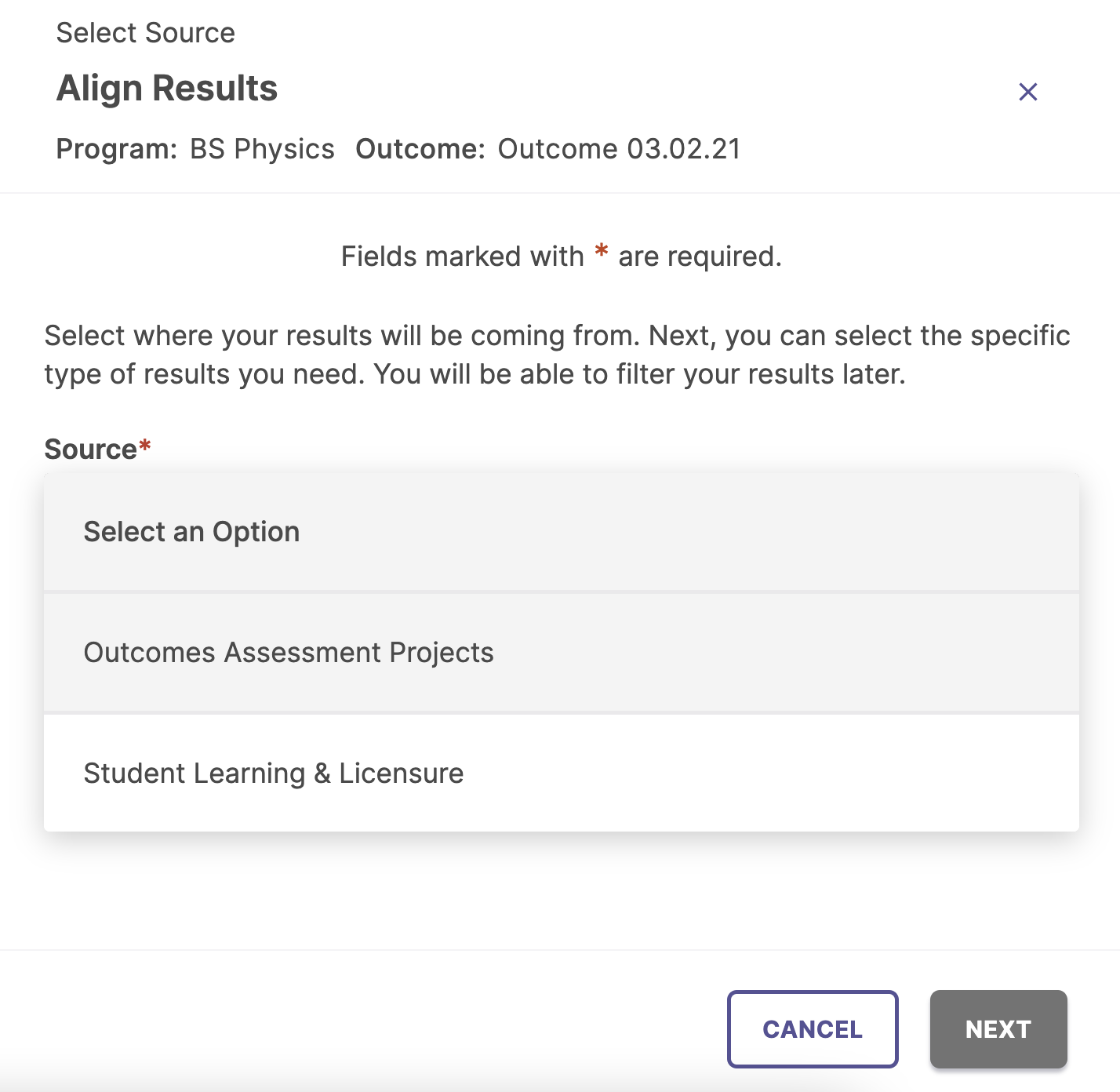 The Align Results modal showing program and outcome details at the top, followed by instructions and a Source field displaying options for Outcomes Assessment Projects and Student Learning & Licensure, with the buttons Cancel and Next at the bottom.