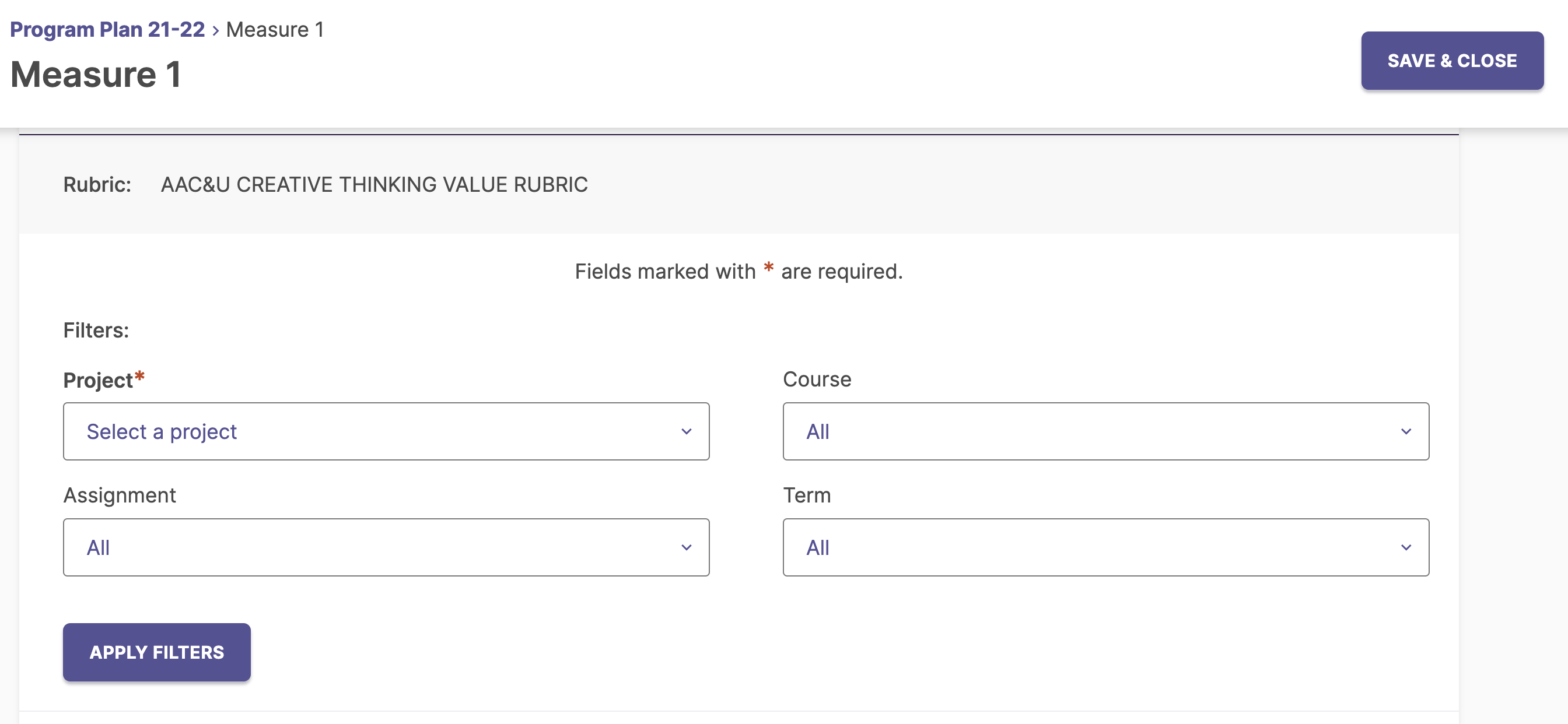 The Measure 1 page showing a Filters section with fields for Project, Assignment, Course, and Term, followed by an Apply Filters button and the Save & Close button in the top right.