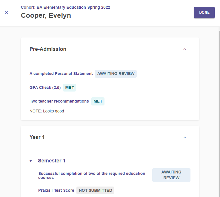 An academic progress page showing pre‑admission requirements with status labels such as awaiting review and met, along with year‑one semester requirements showing completion statuses including awaiting review and not submitted.