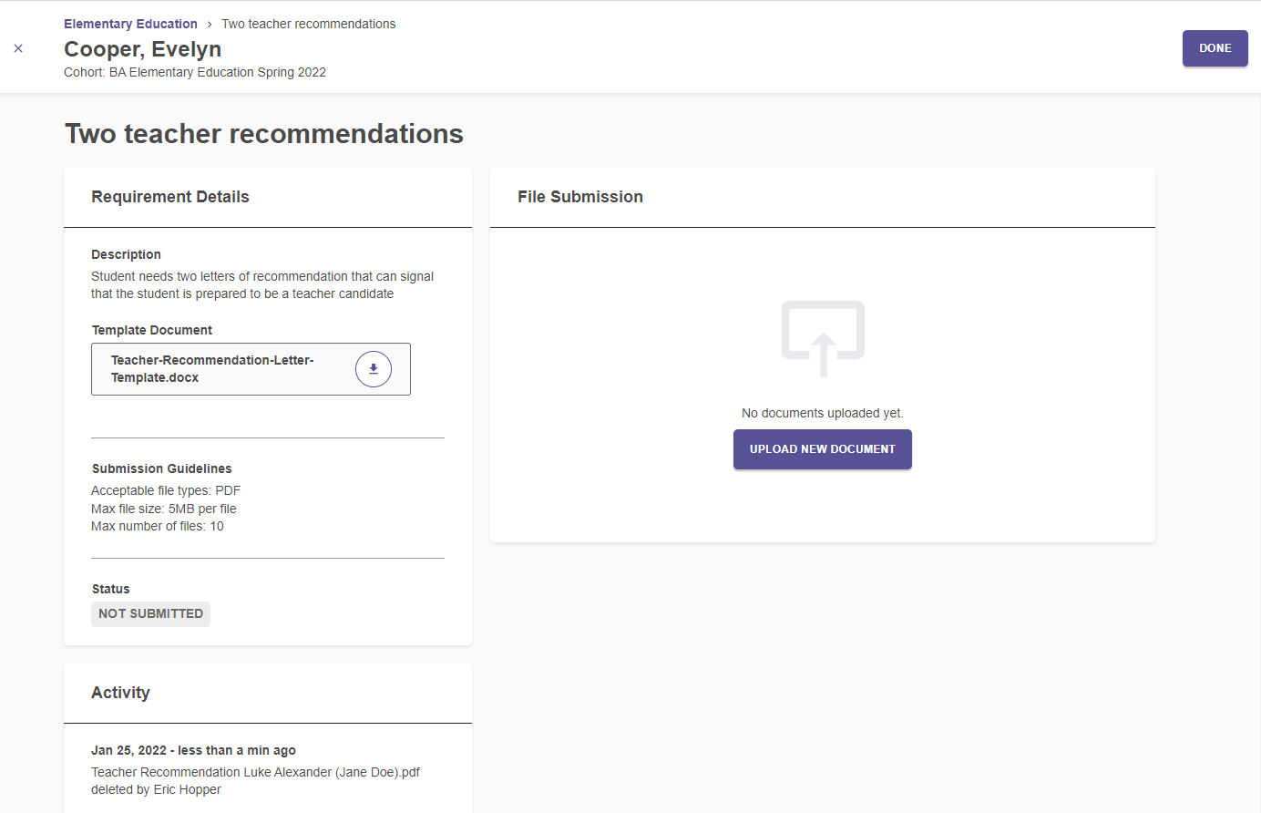 A two‑teacher‑recommendations page showing requirement details including a description, a downloadable template document, submission guidelines, the current status, and a file submission area indicating that no documents have been uploaded, along with an option to upload a new document and an activity section displaying recent actions.