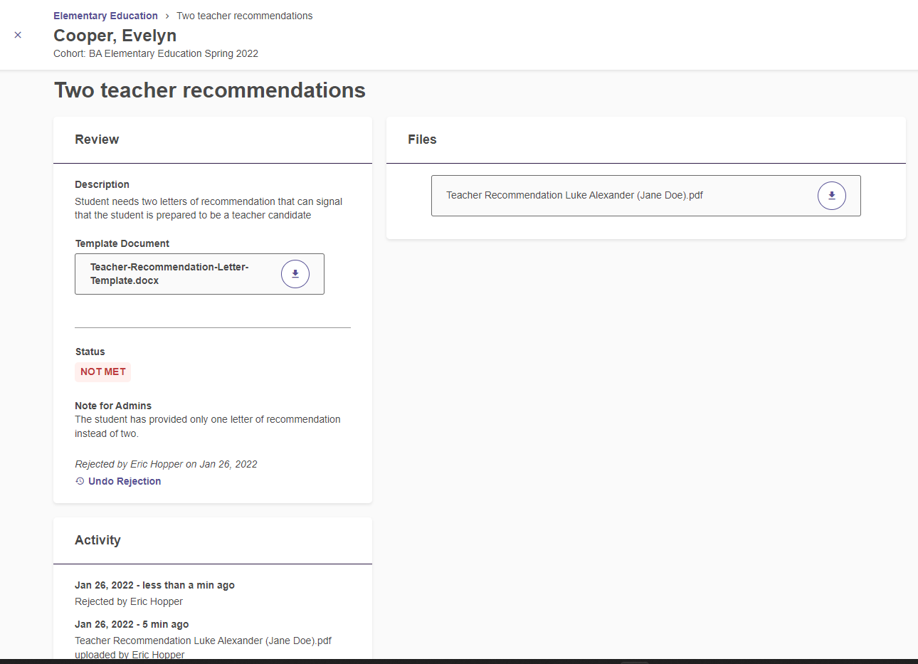 A two‑teacher‑recommendations page including a description, a downloadable template document, a status labeled awaiting review, a note for admins, and action options to reject or approve, along with a files section displaying an uploaded recommendation document and an activity section listing recent actions.