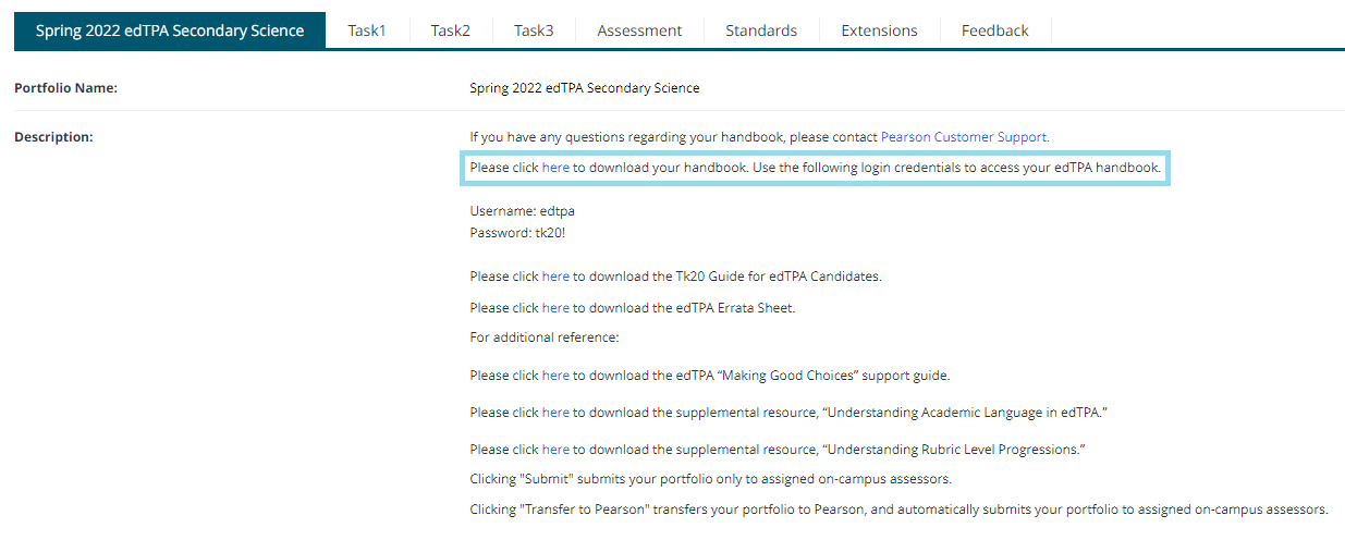 The Portfolio page showing tabs for Spring 2022 edTPA Secondary Science, Task1, Task2, Task3, Assessment, Standards, Extensions, and Feedback. Description section showing multiple links for downloading the handbook, guides, supplemental resources, and errata, along with provided username and password details.