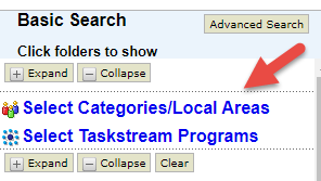 The basic search panel showing expandable options to select categories or local areas and taskstream programs with the Select Categories/Local Areas option highlighted by an arrow.