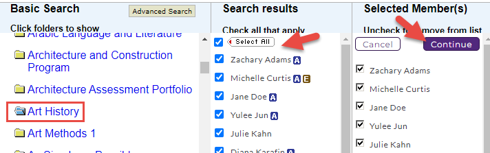 The member selection page showing a basic search panel on the left, search results with a Select All option in the center, and selected members listed on the right with the Continue button highlighted.