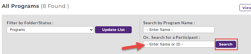 The All Programs page showing filter options to search by program name or participant with the search field and Search button highlighted.