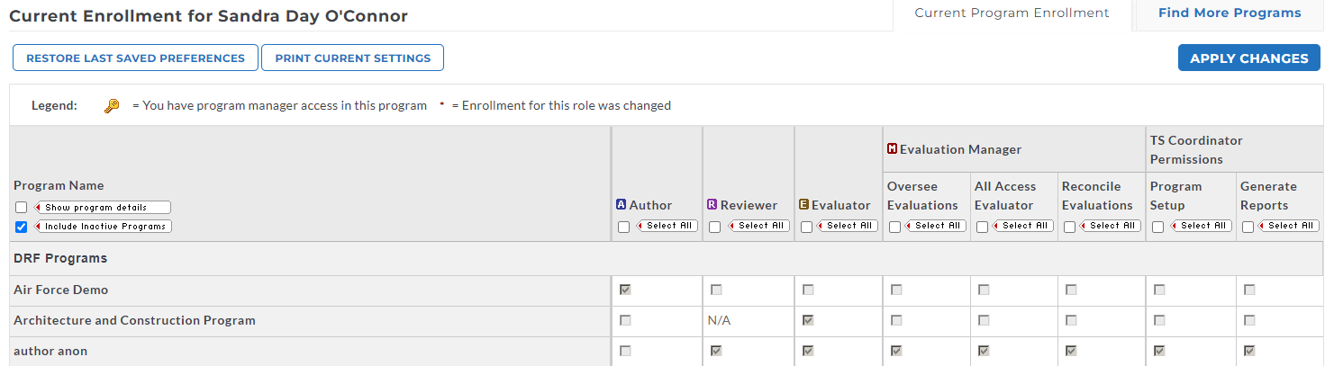 The current enrollment page showing a role‑based permissions table for programs with options to restore preferences, print settings, and apply changes displayed at the top.