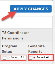 The program permissions section showing an Apply Changes button and Select All checkboxes under TS Coordinator permissions for program setup and reports.