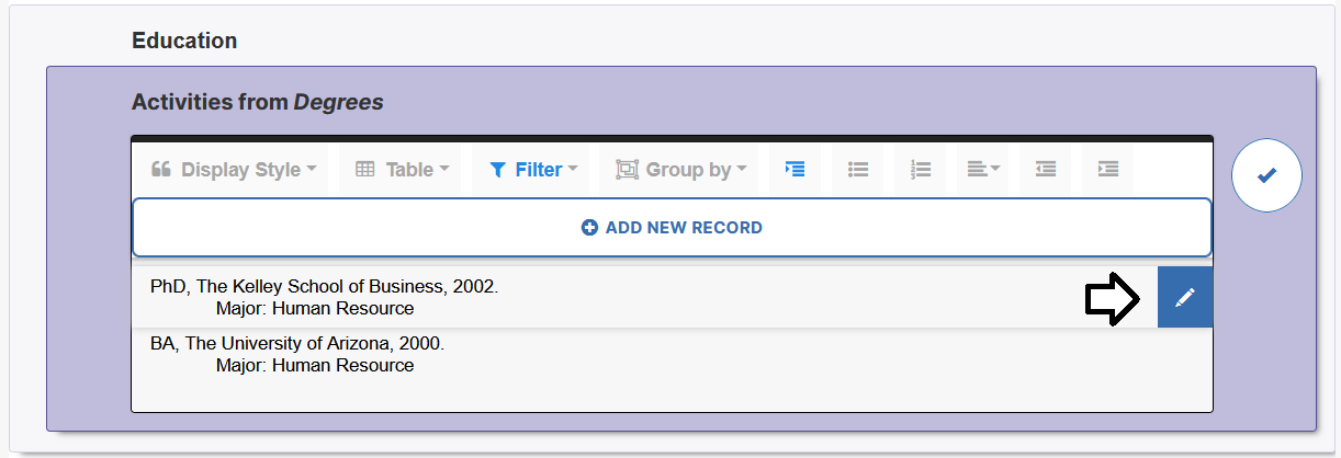 An education section showing activities from degrees, with controls for display style, table view, filters, and grouping options, along with a list of degree entries and an edit option highlighted.