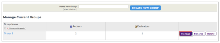 The Manage Current Groups section showing Group 1 with 2 authors and 1 evaluator. The Manage button highlighted, with Rename and Delete buttons showing beside it.