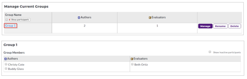 The Manage Current Groups section showing Group 1 with 2 authors and 1 evaluator and showing the group name highlighted. The Group 1 section showing Group Members list with Authors column listing Chrissy Cote and Buddy Glass and Evaluators column listing Beth Ortiz.