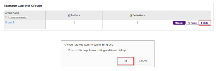 The Manage Current Groups section showing Group 1 with a Delete button. The delete confirmation popup showing a checkbox option and showing the OK and Cancel buttons, with the OK button highlighted.