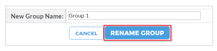 The New Group Name field showing value Group 1 and showing the Cancel and Rename Group buttons, with the Rename Group button highlighted.