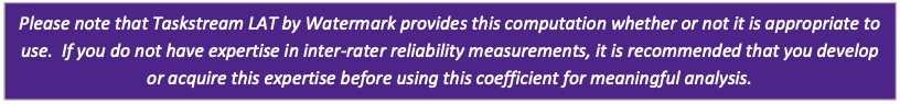 A notice section showing a message explaining that Taskstream LAT provides the computation regardless of appropriateness and recommending users have or acquire expertise in inter‑rater reliability before using the coefficient for analysis.