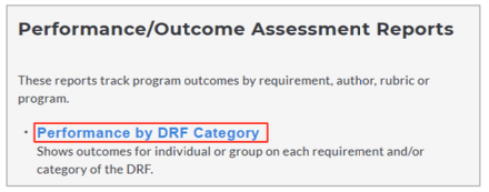 A report menu section showing Performance/Outcome Assessment Reports with a highlighted Performance by DRF Category link and a description explaining that it shows outcomes for individual or group on each requirement or category of the DRF.