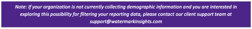 A notice panel showing a message that organizations not currently collecting demographic information can contact the support team at support@watermarkinsights.com to explore filtering options for reporting data.