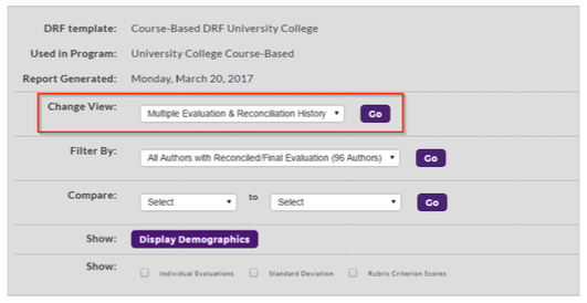 A DRF Program Report settings panel showing options to change the report view using a dropdown menu set to Multiple Evaluation & Reconciliation History, with a Go button highlighted. Additional filters include selecting authors, comparing ranges, displaying demographics, and showing individual evaluations, standard deviation, or rubric criterion scores.