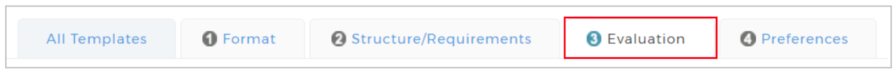 A template setup navigation bar showing step options including All Templates, Format, Structure/Requirements, Evaluation, and Preferences, with the Evaluation step highlighted.
