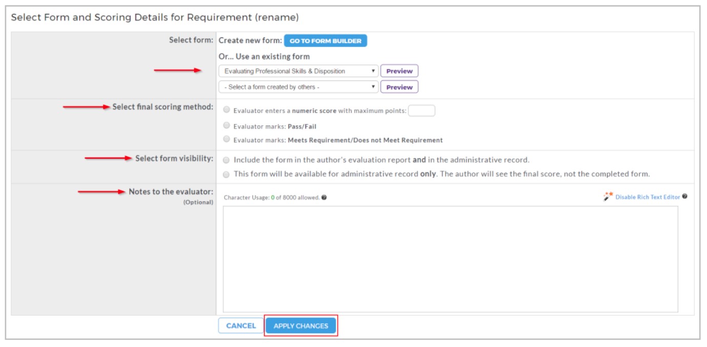 A form and scoring setup page showing options to select a form, choose a final scoring method, set form visibility, and add notes to the evaluator, with a highlighted Apply Changes button at the bottom.