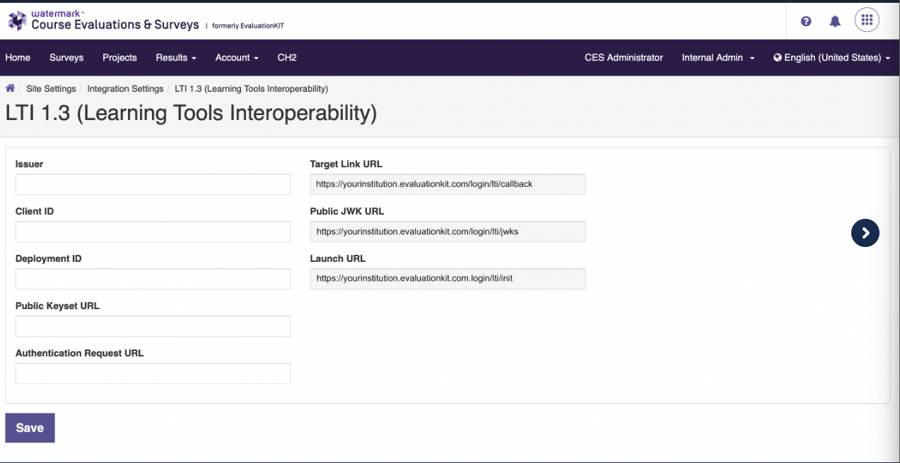 The LTI 1.3 settings page showing fields for Issuer, Client ID, Deployment ID, Public Keyset URL, Authentication Request URL, Target Link URL, Public JWK URL, and Launch URL, with some fields prefilled. A Save button appears at the bottom.