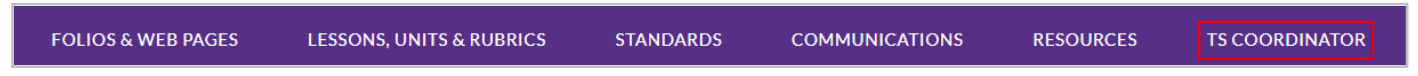 The navigation bar showing tabs labeled Folios & Web Pages, Lessons, Units & Rubrics, Standards, Communications, Resources, and TS Coordinator, with TS Coordinator highlighted.