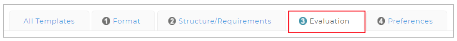 The navigation tabs showing All Templates, Format, Structure/Requirements, Evaluation, and Preferences, with Evaluation highlighted.